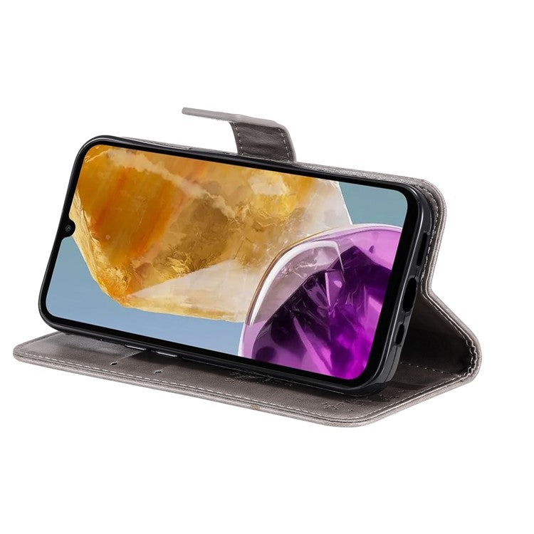 For Samsung Galaxy M15 5G Phone Case with Stand Cat Tree Pattern Leather Wallet Mobile Cover - Grey