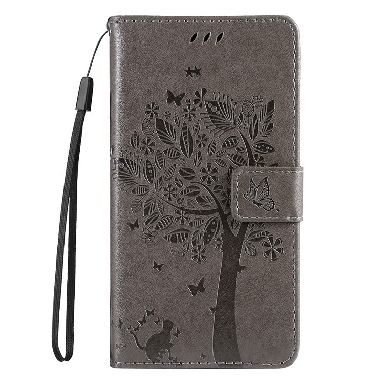 For Samsung Galaxy M15 5G Phone Case with Stand Cat Tree Pattern Leather Wallet Mobile Cover - Grey