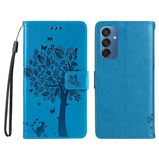 For Samsung Galaxy M15 5G Phone Case with Stand Cat Tree Pattern Leather Wallet Mobile Cover - Blue