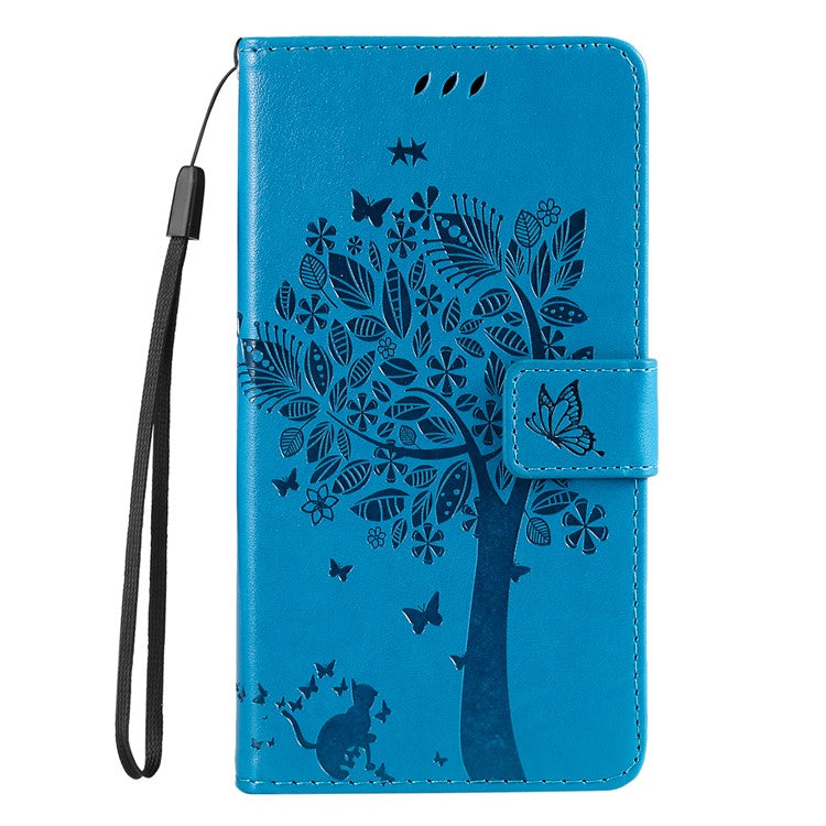 For Samsung Galaxy M15 5G Phone Case with Stand Cat Tree Pattern Leather Wallet Mobile Cover - Blue