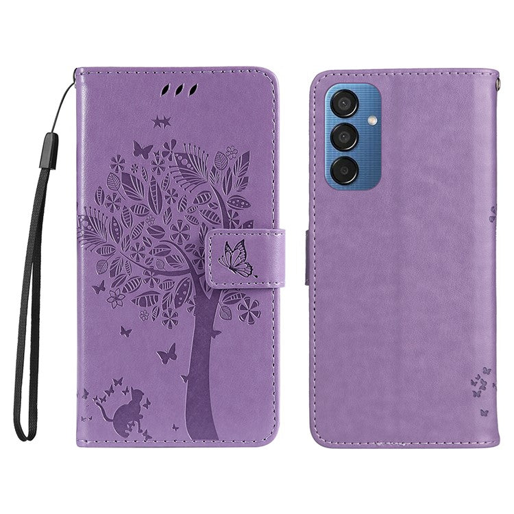 For Samsung Galaxy M15 5G Phone Case with Stand Cat Tree Pattern Leather Wallet Mobile Cover - Light Purple