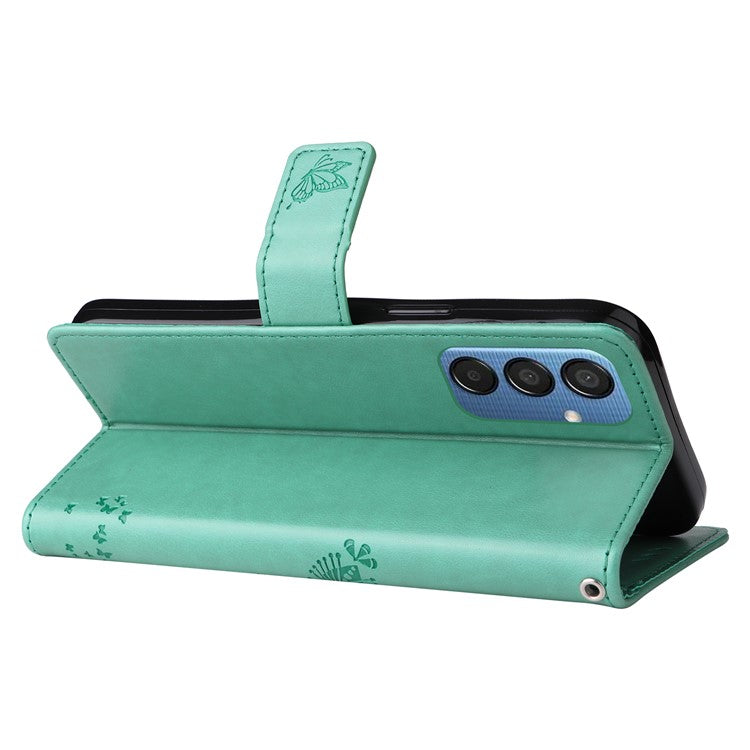 For Samsung Galaxy M15 5G Phone Case with Stand Cat Tree Pattern Leather Wallet Mobile Cover - Green