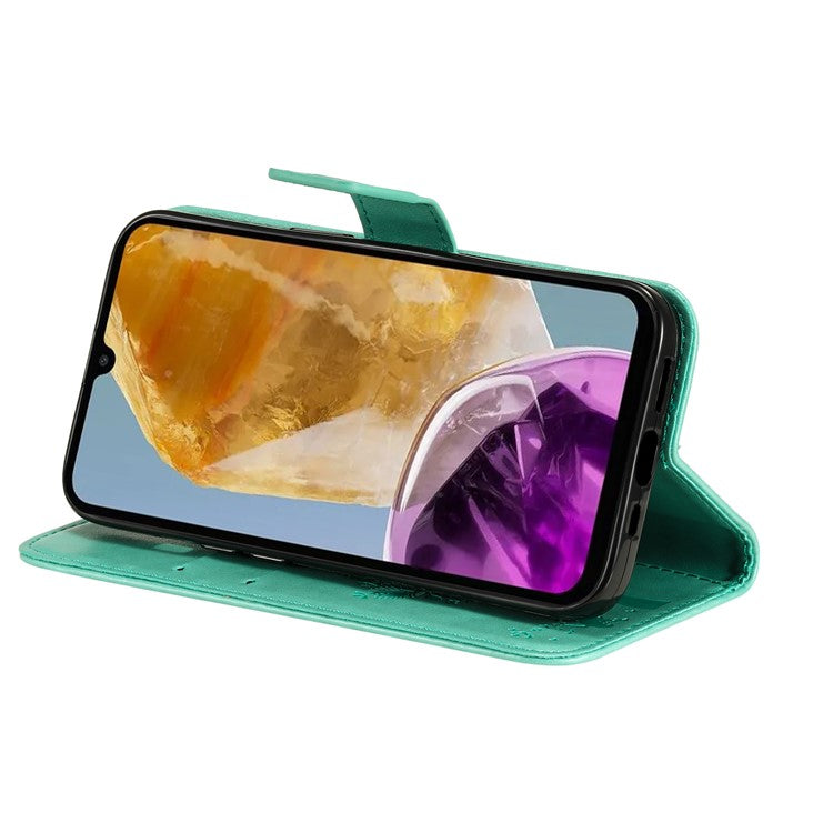 For Samsung Galaxy M15 5G Phone Case with Stand Cat Tree Pattern Leather Wallet Mobile Cover - Green