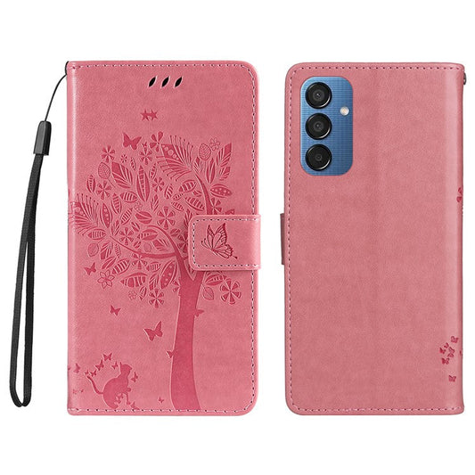 For Samsung Galaxy M15 5G Phone Case with Stand Cat Tree Pattern Leather Wallet Mobile Cover - Pink