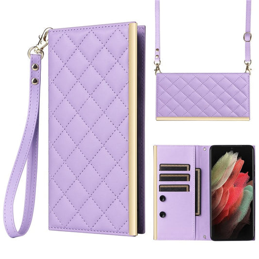 For Samsung Galaxy S21 Ultra 5G Case Suction Cup Wallet Phone Cover with Crossbody Strap - Purple