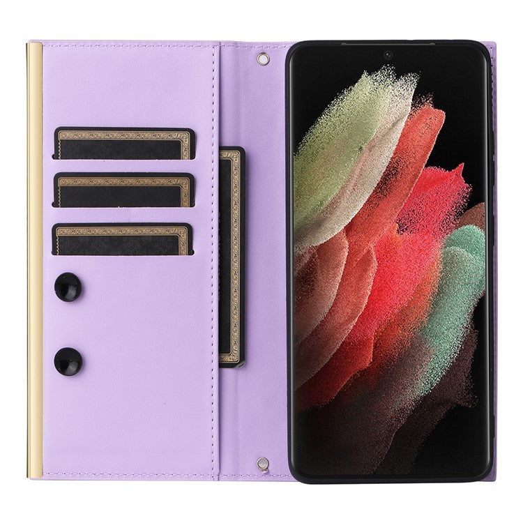 For Samsung Galaxy S21 Ultra 5G Case Suction Cup Wallet Phone Cover with Crossbody Strap - Purple