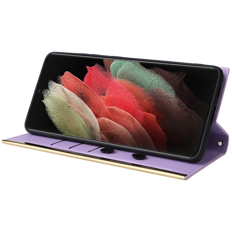 For Samsung Galaxy S21 Ultra 5G Case Suction Cup Wallet Phone Cover with Crossbody Strap - Purple