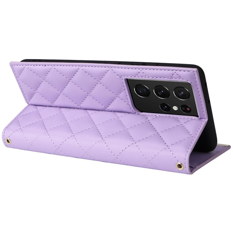 For Samsung Galaxy S21 Ultra 5G Case Suction Cup Wallet Phone Cover with Crossbody Strap - Purple