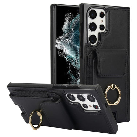 For Samsung Galaxy S22 Ultra 5G Case Card Holder Leather Coated TPU Kickstand Cover - Black