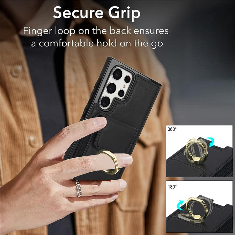 For Samsung Galaxy S22 Ultra 5G Case Card Holder Leather Coated TPU Kickstand Cover - Black