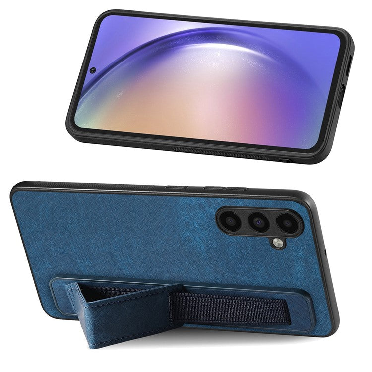 D11 For Samsung Galaxy A15 4G / 5G Case Wristband Kickstand PU Leather+TPU Phone Back Cover - Blue