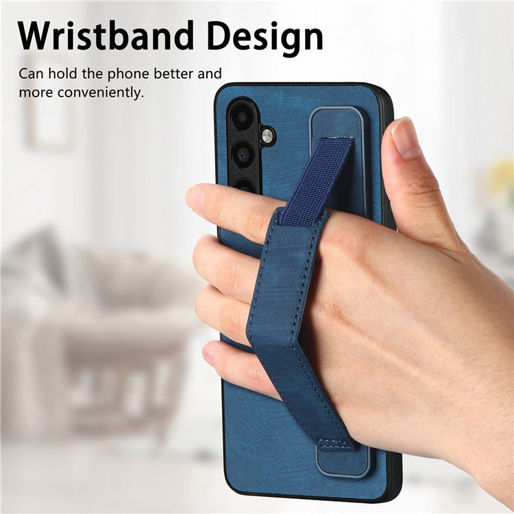 D11 For Samsung Galaxy A15 4G / 5G Case Wristband Kickstand PU Leather+TPU Phone Back Cover - Blue