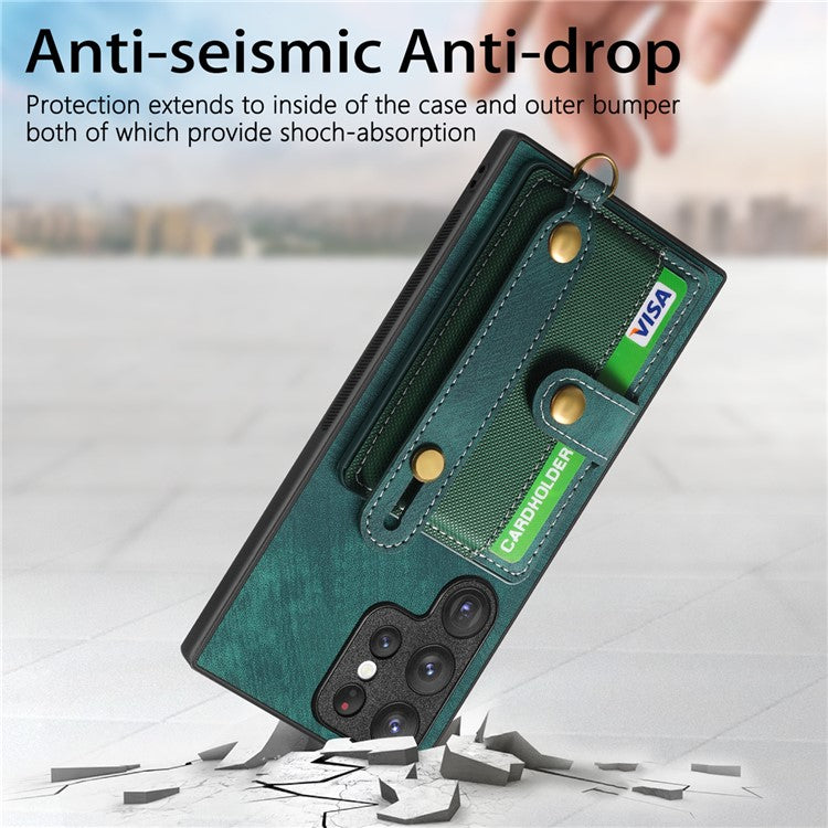 D9 For Samsung Galaxy S22 Ultra 5G Case Adjustable Strap Kickstand PU Leather+PC+TPU Phone Cover - Green