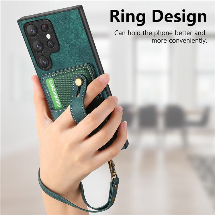 D9 For Samsung Galaxy S22 Ultra 5G Case Adjustable Strap Kickstand PU Leather+PC+TPU Phone Cover - Green
