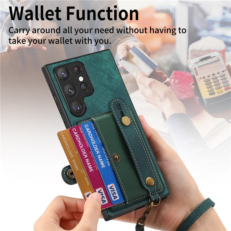 D9 For Samsung Galaxy S22 Ultra 5G Case Adjustable Strap Kickstand PU Leather+PC+TPU Phone Cover - Green