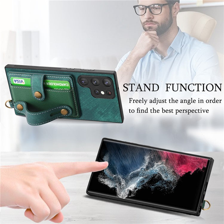 D9 For Samsung Galaxy S22 Ultra 5G Case Adjustable Strap Kickstand PU Leather+PC+TPU Phone Cover - Green