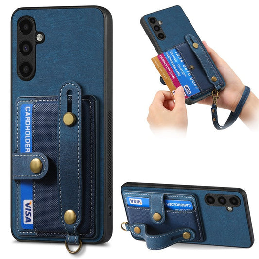 D9 For Samsung Galaxy A54 5G Case Wristband Finger Holder PU Leather Coated PC+TPU Phone Cover - Blue
