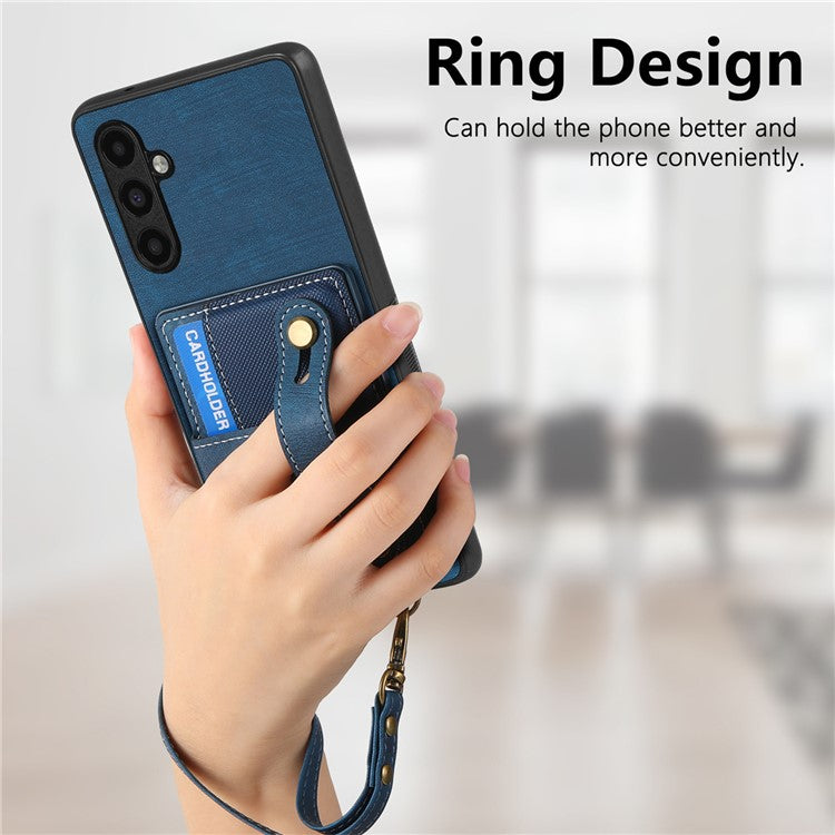 D9 For Samsung Galaxy A54 5G Case Wristband Finger Holder PU Leather Coated PC+TPU Phone Cover - Blue