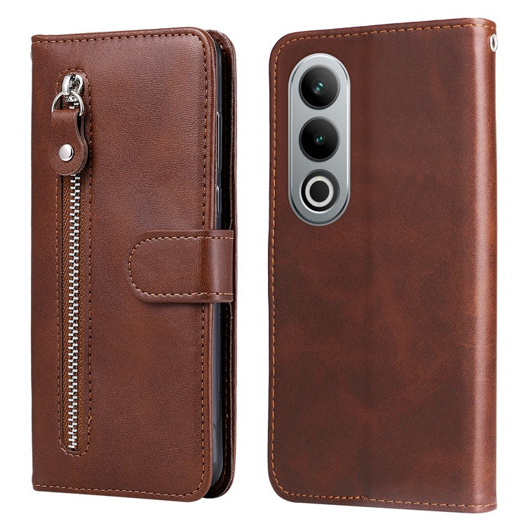 For OnePlus Ace 3V 5G Case Zipper Pocket Calf Texture Leather Folio Wallet Phone Cover - Brown