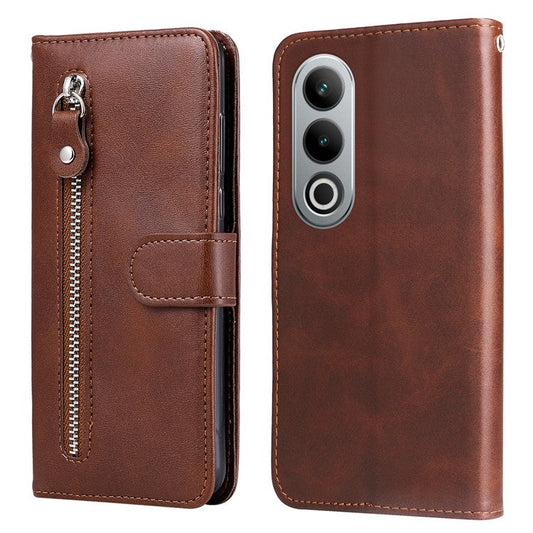 For OnePlus Ace 3V 5G Case Zipper Pocket Calf Texture Leather Folio Wallet Phone Cover - Brown