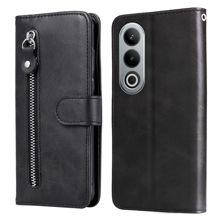 For OnePlus Ace 3V 5G Case Zipper Pocket Calf Texture Leather Folio Wallet Phone Cover - Black
