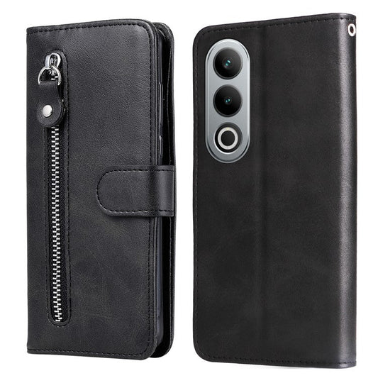 For OnePlus Ace 3V 5G Case Zipper Pocket Calf Texture Leather Folio Wallet Phone Cover - Black