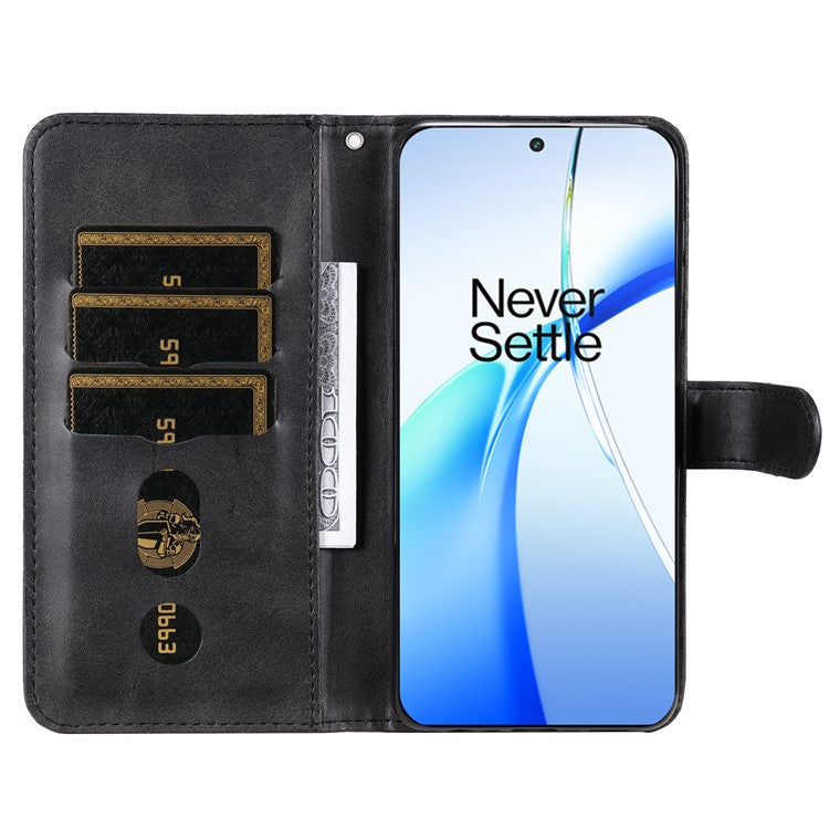 For OnePlus Ace 3V 5G Case Zipper Pocket Calf Texture Leather Folio Wallet Phone Cover - Black