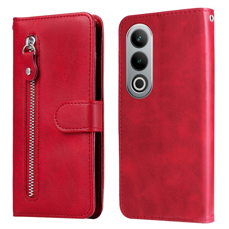 For OnePlus Ace 3V 5G Case Zipper Pocket Calf Texture Leather Folio Wallet Phone Cover - Red