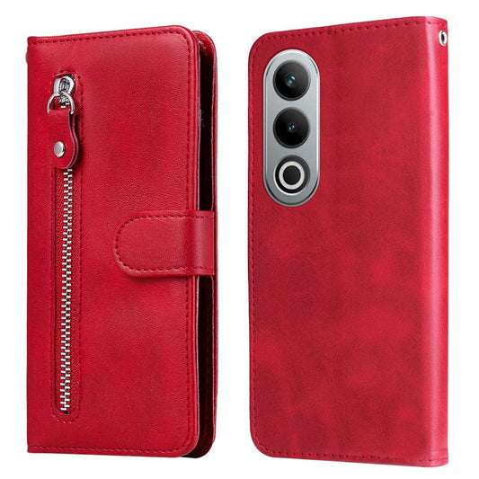 For OnePlus Ace 3V 5G Case Zipper Pocket Calf Texture Leather Folio Wallet Phone Cover - Red