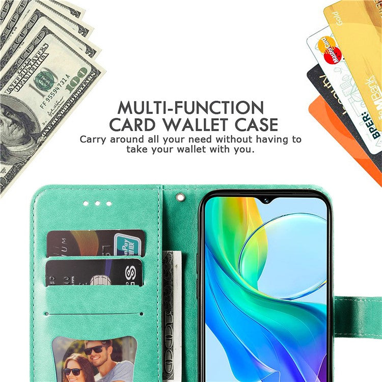 For vivo Y03 Cell Phone Cases Imprinted Flower Pattern Stand Cover with Hand Strap - Green