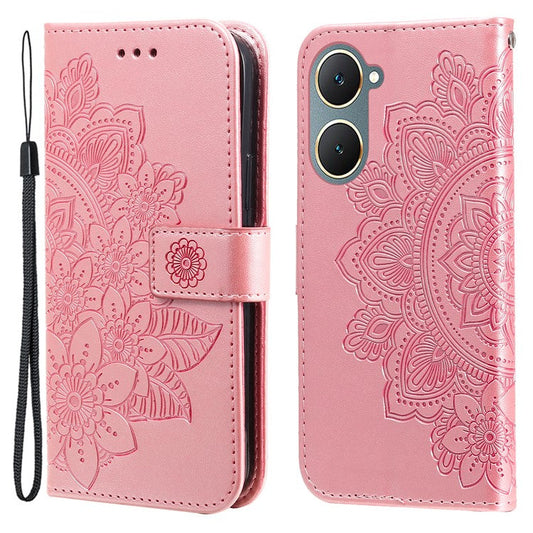 For vivo Y03 Cell Phone Cases Imprinted Flower Pattern Stand Cover with Hand Strap - Pink