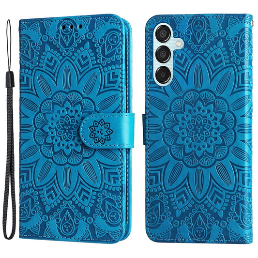 For Samsung Galaxy M15 5G / F15 5G PU Leather Phone Case Imprinted Sunflower Card Holder Stand Phone Cover - Blue