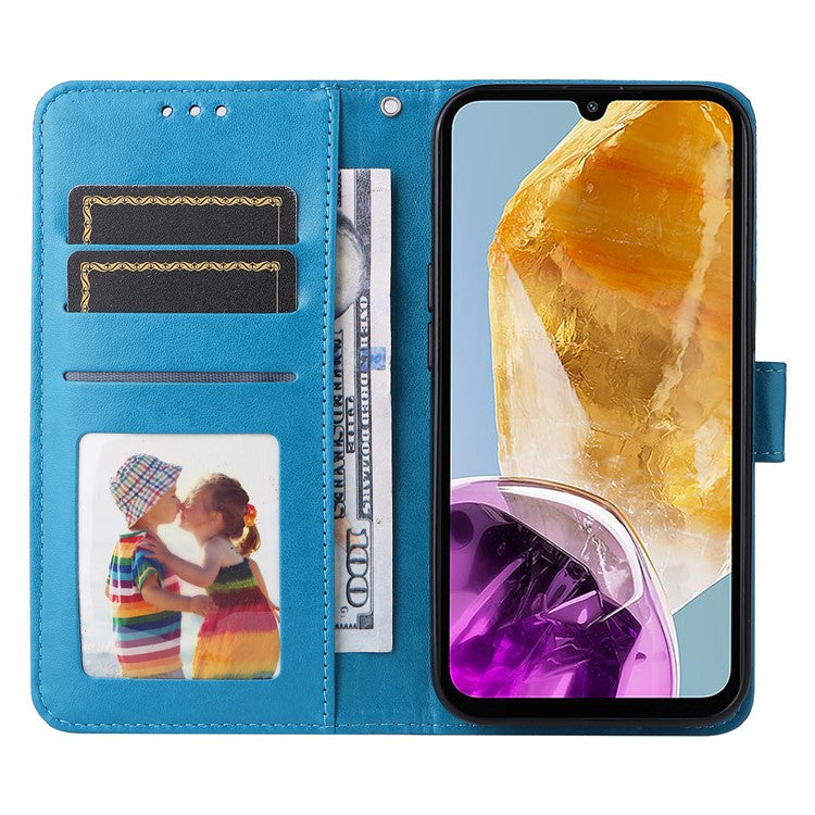 For Samsung Galaxy M15 5G / F15 5G PU Leather Phone Case Imprinted Sunflower Card Holder Stand Phone Cover - Blue