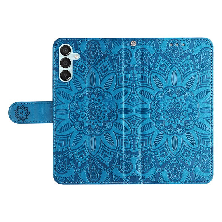 For Samsung Galaxy M15 5G / F15 5G PU Leather Phone Case Imprinted Sunflower Card Holder Stand Phone Cover - Blue