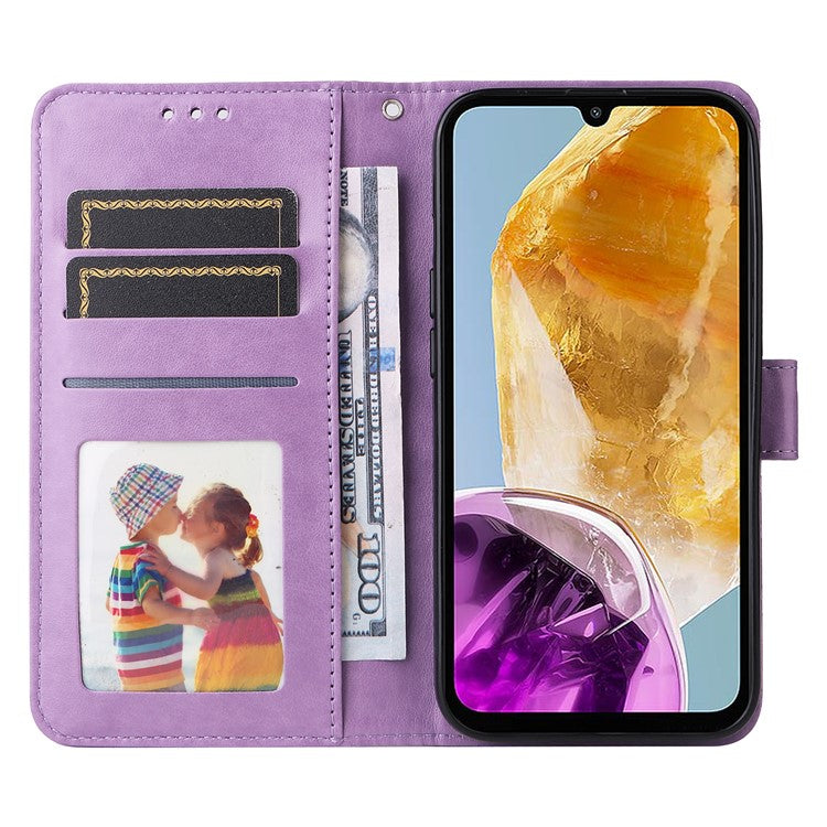 For Samsung Galaxy M15 5G / F15 5G PU Leather Phone Case Imprinted Sunflower Card Holder Stand Phone Cover - Purple