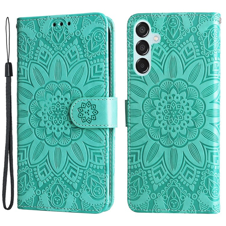 For Samsung Galaxy M15 5G / F15 5G PU Leather Phone Case Imprinted Sunflower Card Holder Stand Phone Cover - Green