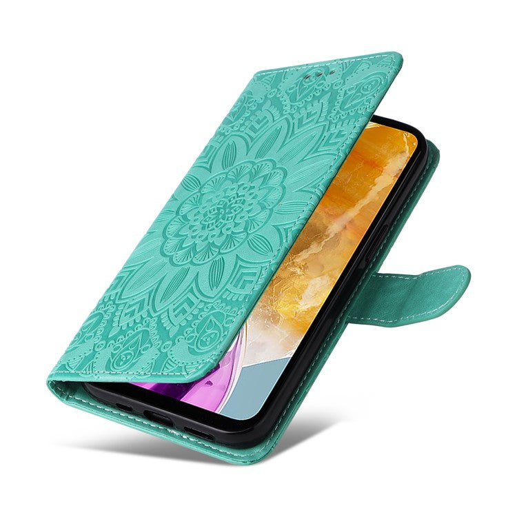 For Samsung Galaxy M15 5G / F15 5G PU Leather Phone Case Imprinted Sunflower Card Holder Stand Phone Cover - Green