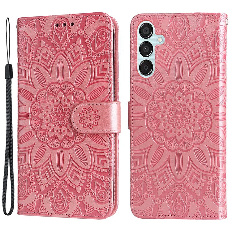 For Samsung Galaxy M15 5G / F15 5G PU Leather Phone Case Imprinted Sunflower Card Holder Stand Phone Cover - Pink