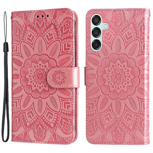 For Samsung Galaxy M15 5G / F15 5G PU Leather Phone Case Imprinted Sunflower Card Holder Stand Phone Cover - Pink