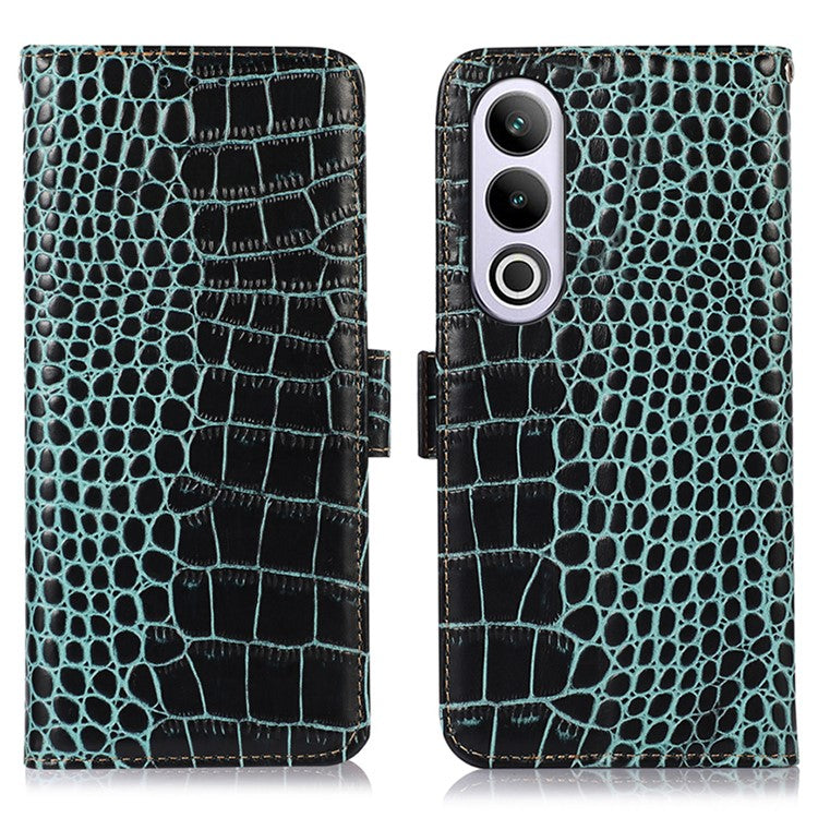 For OnePlus Nord CE4 5G / Oppo K12 Case Genuine Cow Leather Wallet Phone Cover Crocodile Texture - Green