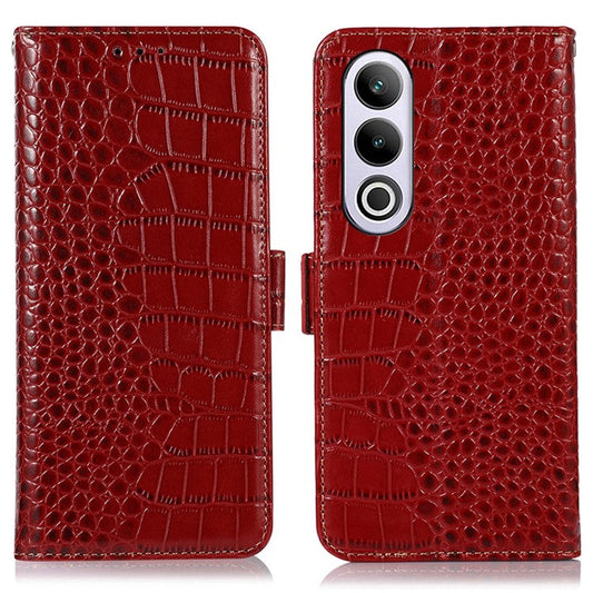 For OnePlus Nord CE4 5G / Oppo K12 Case Genuine Cow Leather Wallet Phone Cover Crocodile Texture - Red
