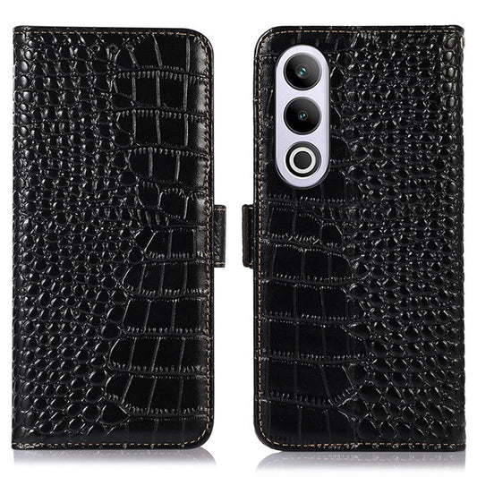 For OnePlus Nord CE4 5G / Oppo K12 Case Genuine Cow Leather Wallet Phone Cover Crocodile Texture - Black