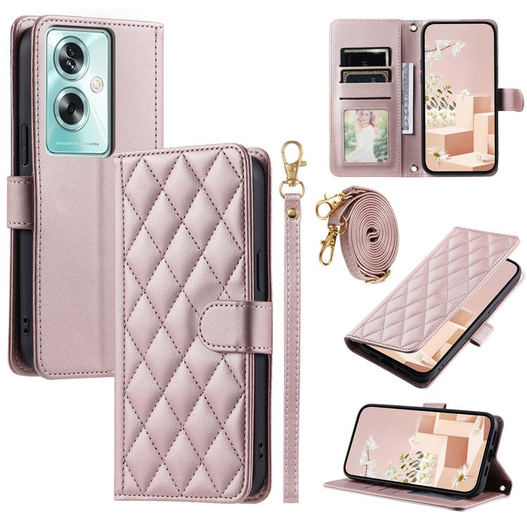 For Oppo A79 5G / A2 5G / OnePlus Nord N30 SE 5G Case Rhombus Grid Leather Crossbody Phone Cover - Rose Gold