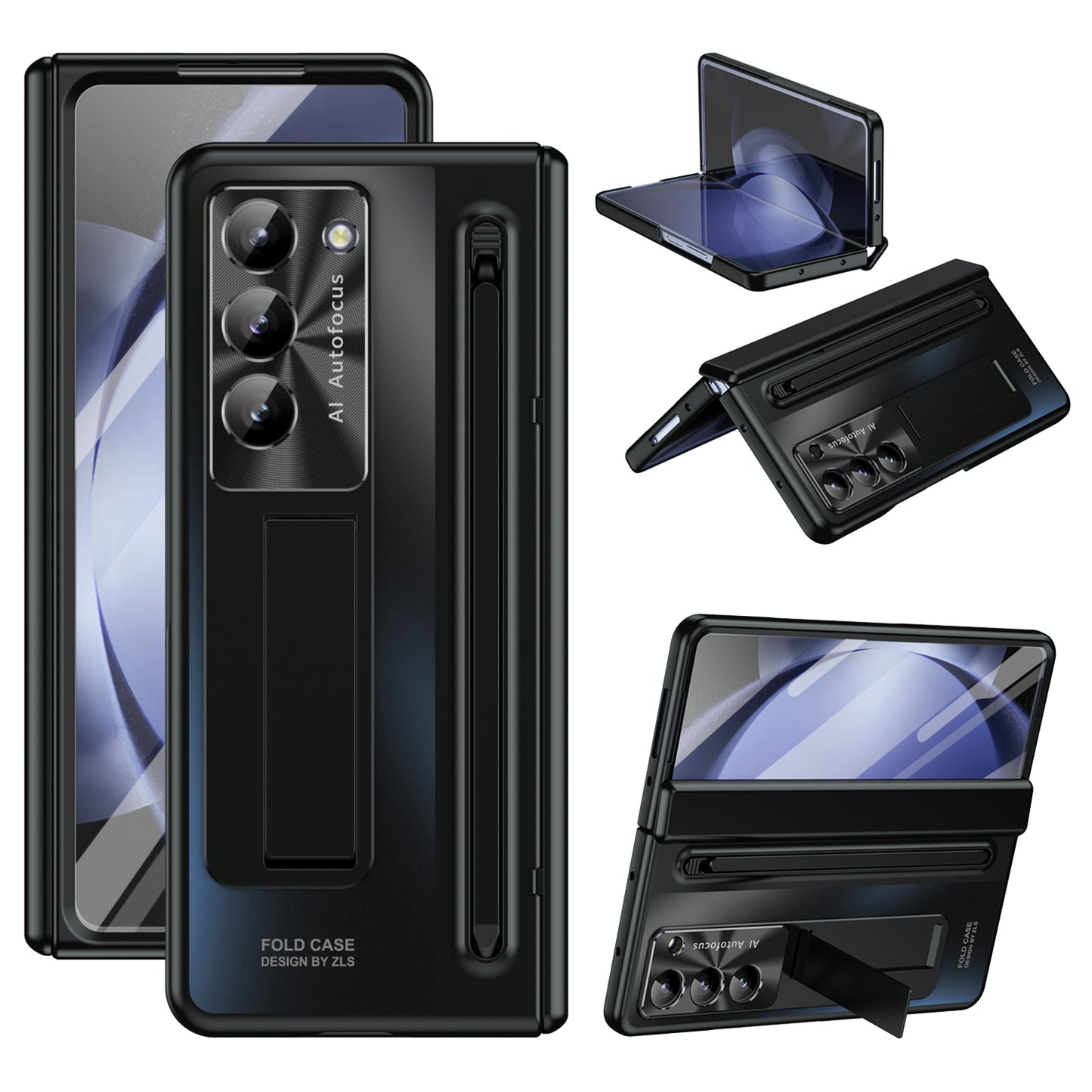 For Samsung Galaxy Z Fold6 5G Kickstand Case Hinge PC Phone Cover with Tempered Glass Film / Stylus - Black