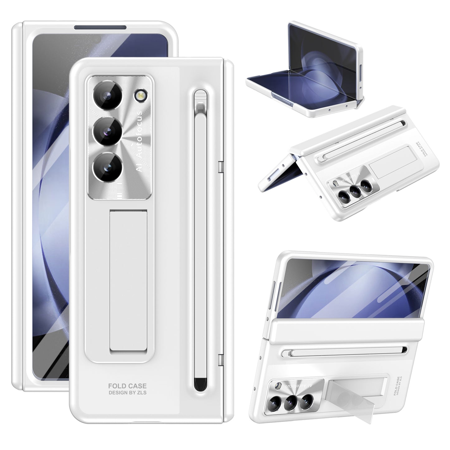 For Samsung Galaxy Z Fold6 5G Kickstand Case Hinge PC Phone Cover with Tempered Glass Film / Stylus - White