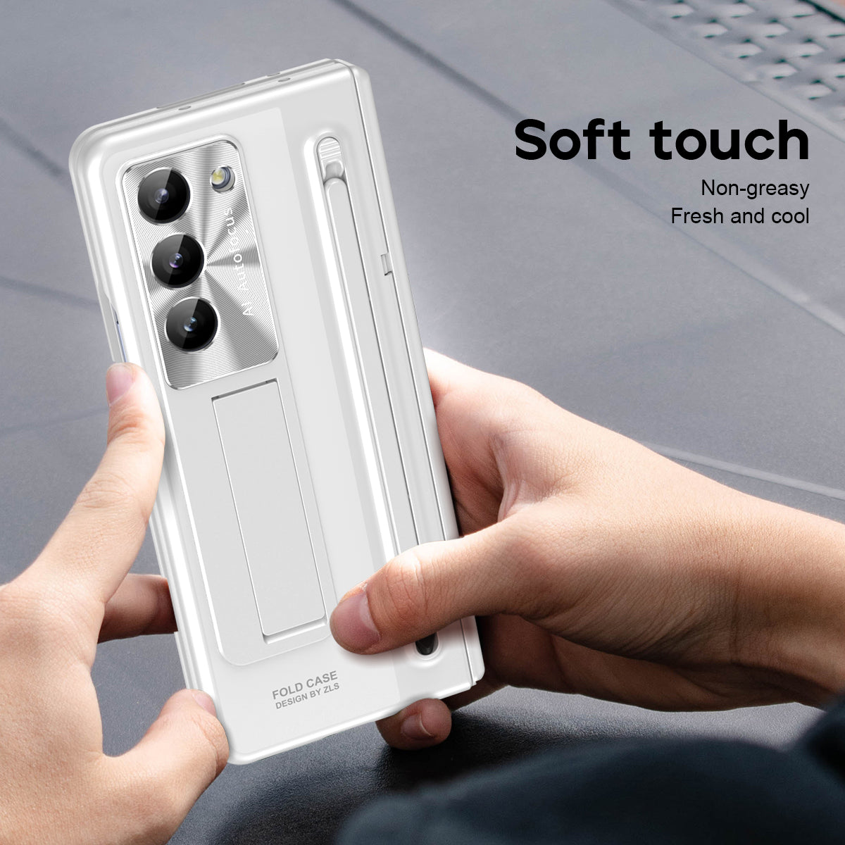 For Samsung Galaxy Z Fold6 5G Kickstand Case Hinge PC Phone Cover with Tempered Glass Film / Stylus - White