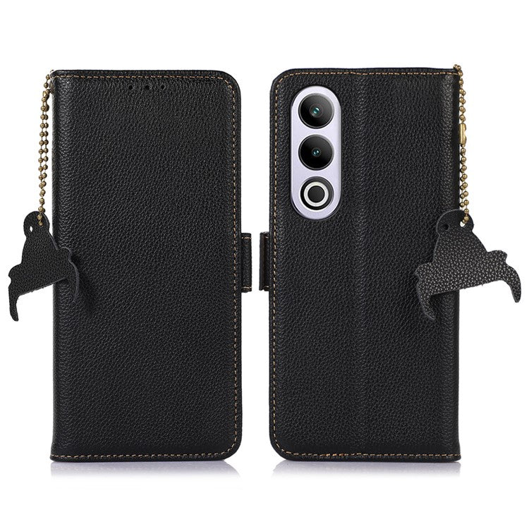 For OnePlus Nord CE4 5G Magnetic Case Genuine Cow Leather RFID Blocking Phone Cover - Black