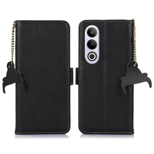 For OnePlus Nord CE4 5G Magnetic Case Genuine Cow Leather RFID Blocking Phone Cover - Black
