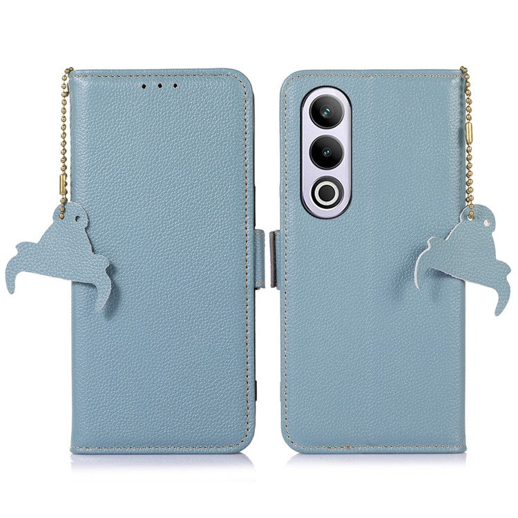 For OnePlus Nord CE4 5G Magnetic Case Genuine Cow Leather RFID Blocking Phone Cover - Blue