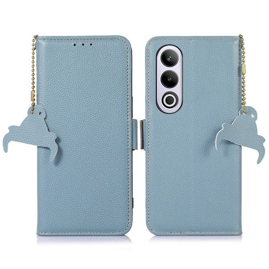 For OnePlus Nord CE4 5G Magnetic Case Genuine Cow Leather RFID Blocking Phone Cover - Blue